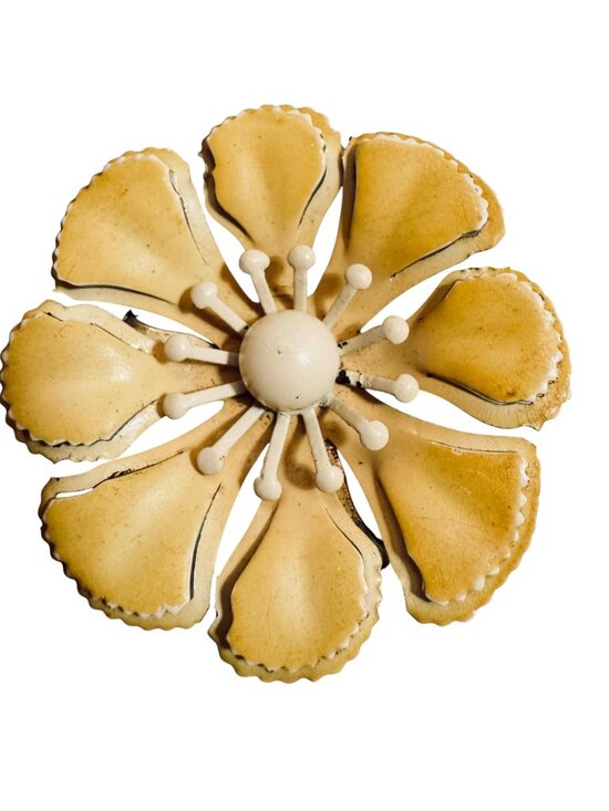 Vintage Jewelry - Vintage Floral Enamel Brooch Butter Yellow Layered 2" Flower Power Hippie Retro